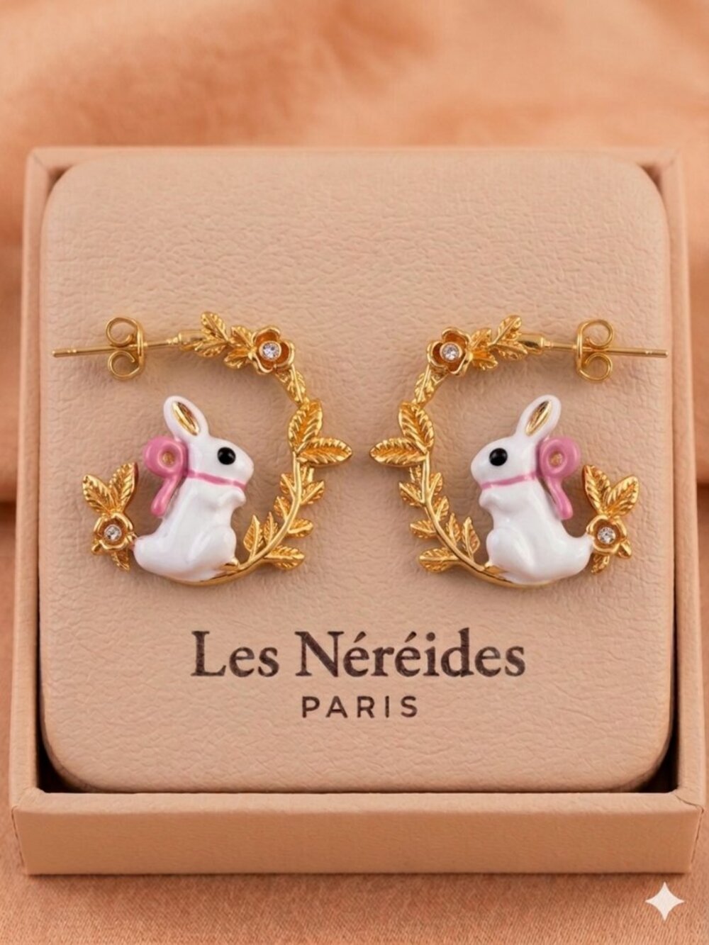Les Néréides Bunny Rabbit Hoop Earrings Enamel Gold Floral Wreath Cute Paris